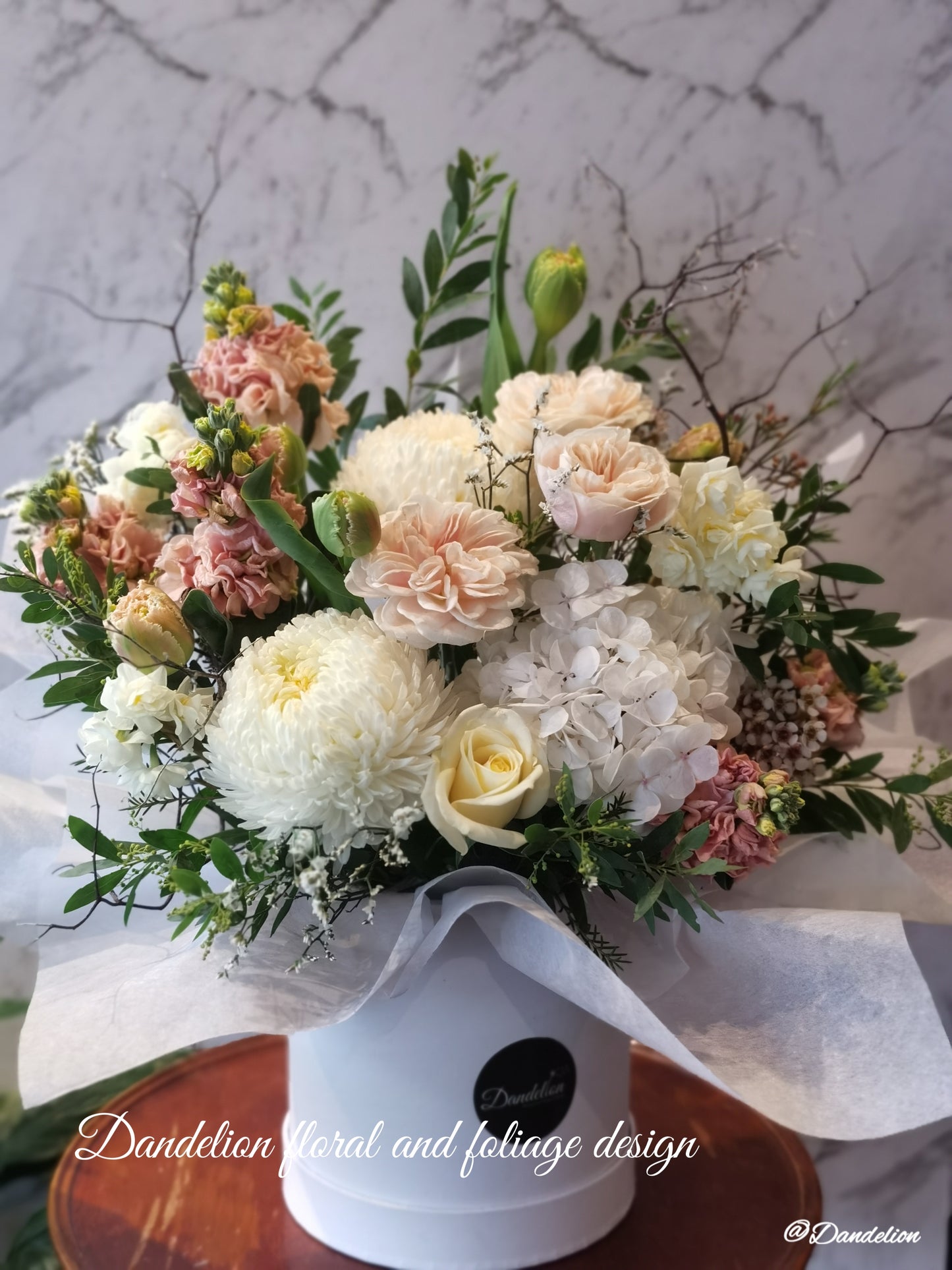 Blooms in Flat Hat Box Arrangement