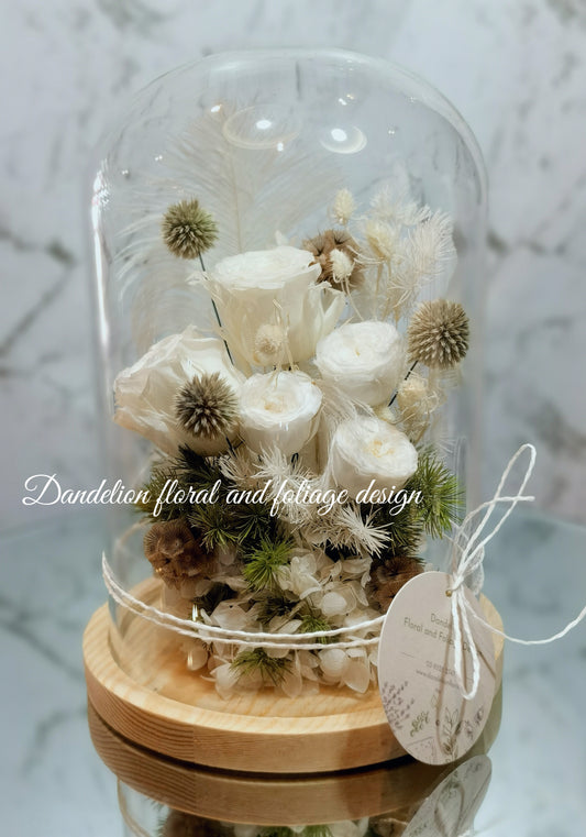 Everlasting Preserved Flower Dome Cloche - Creamy Feather
