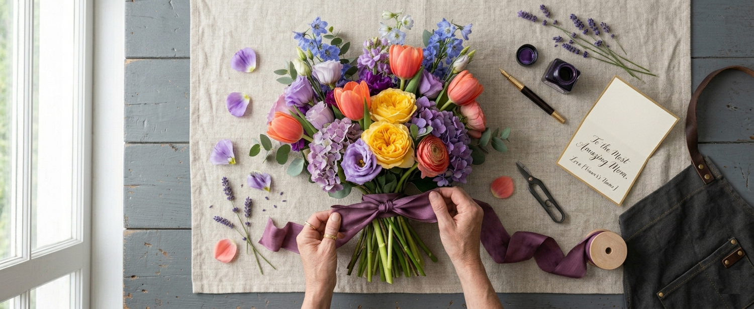 Mother's Day bouquet with coral tulip, yellow roses, Blue Delphiniums, Lavender Lisianthus, Purple Hydrangeas, Pink Ranunculus, Sprigs of Lavender, carefully wrapped for amazing mums in Melbourne.