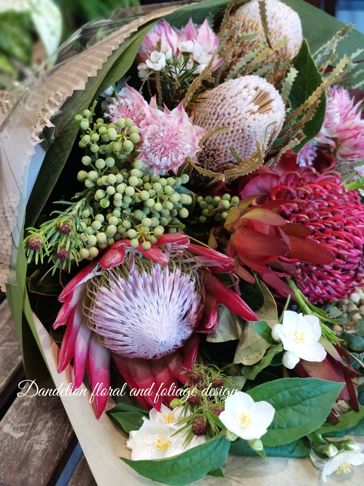 Bespoke bouquet of Australian native wildflowers, proteas, and banksias for local Melbourne delivery