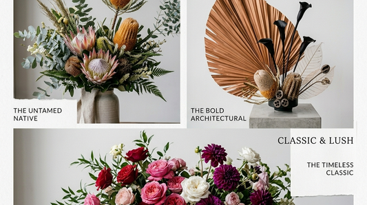 Three different Mother's Day floral styles for various Melbourne suburb aesthetics. Modern Mother’s Day flower style featuring Australian natives in hat box, classic & lush premium arrangement. 