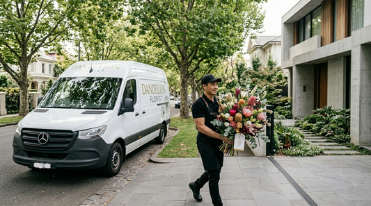 Mother's Day flower delivery van arriving at a Melbourne home with a premium bouquet.