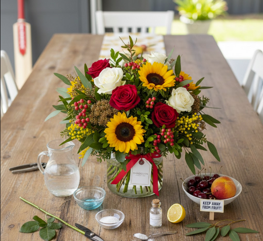 Festive Christmas flower arrangement with red roses and sunflowers, Kew Melbourne delivery