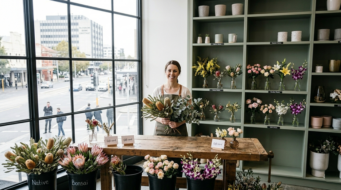 Premium Mother's Day flower arrangement featuring Australian natives hand-crafted in a Melbourne floral studio.