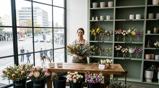 Premium Mother's Day flower arrangement featuring Australian natives hand-crafted in a Melbourne floral studio.