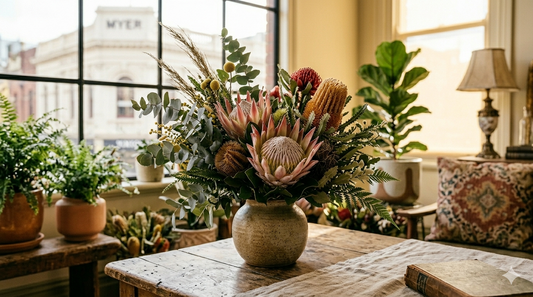 Close-up of a sustainable Mother's Day native flower arrangement.