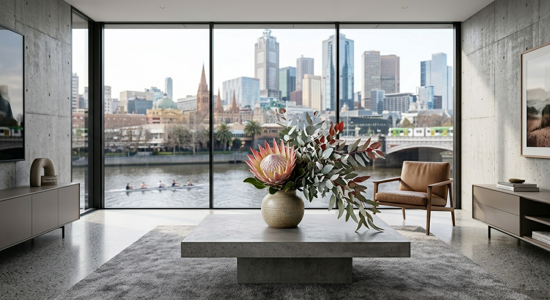 Modern architectural floral design for Mother's Day 2026 in a minimalist Melbourne home.