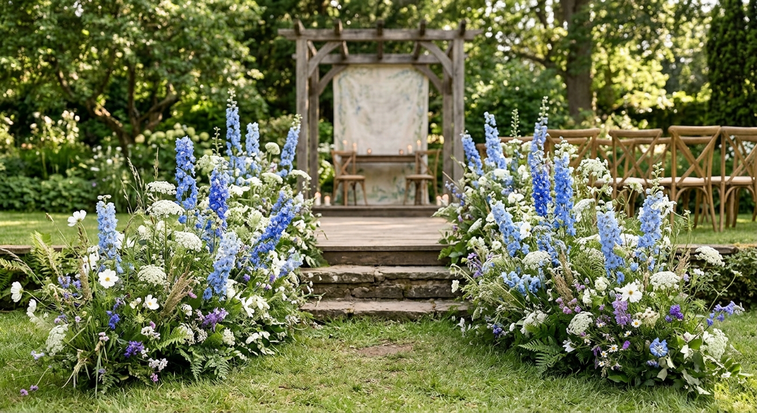A "Grounded Meadow" at the base of a ceremony altar, featuring a romantic mix of towering blue Delphiniums and frothy white Queen Anne’s Lace.