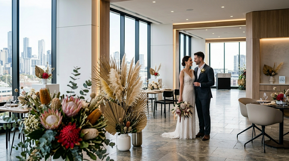 Sustainable luxury wedding floral arrangement featuring a fusion of fresh white roses and preserved dried palms for a 2026 Melbourne wedding.