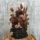 A handmade everlasting preserved rose and red flower dome cloche arrangement under a floral archway, displayed on a wooden stand.