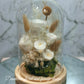 A preserved flower dome cloche arrangement with white flowers and dry plant elements, placed on a wooden stand.