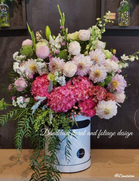 Large Pink Hat Box Flower Arrangement
