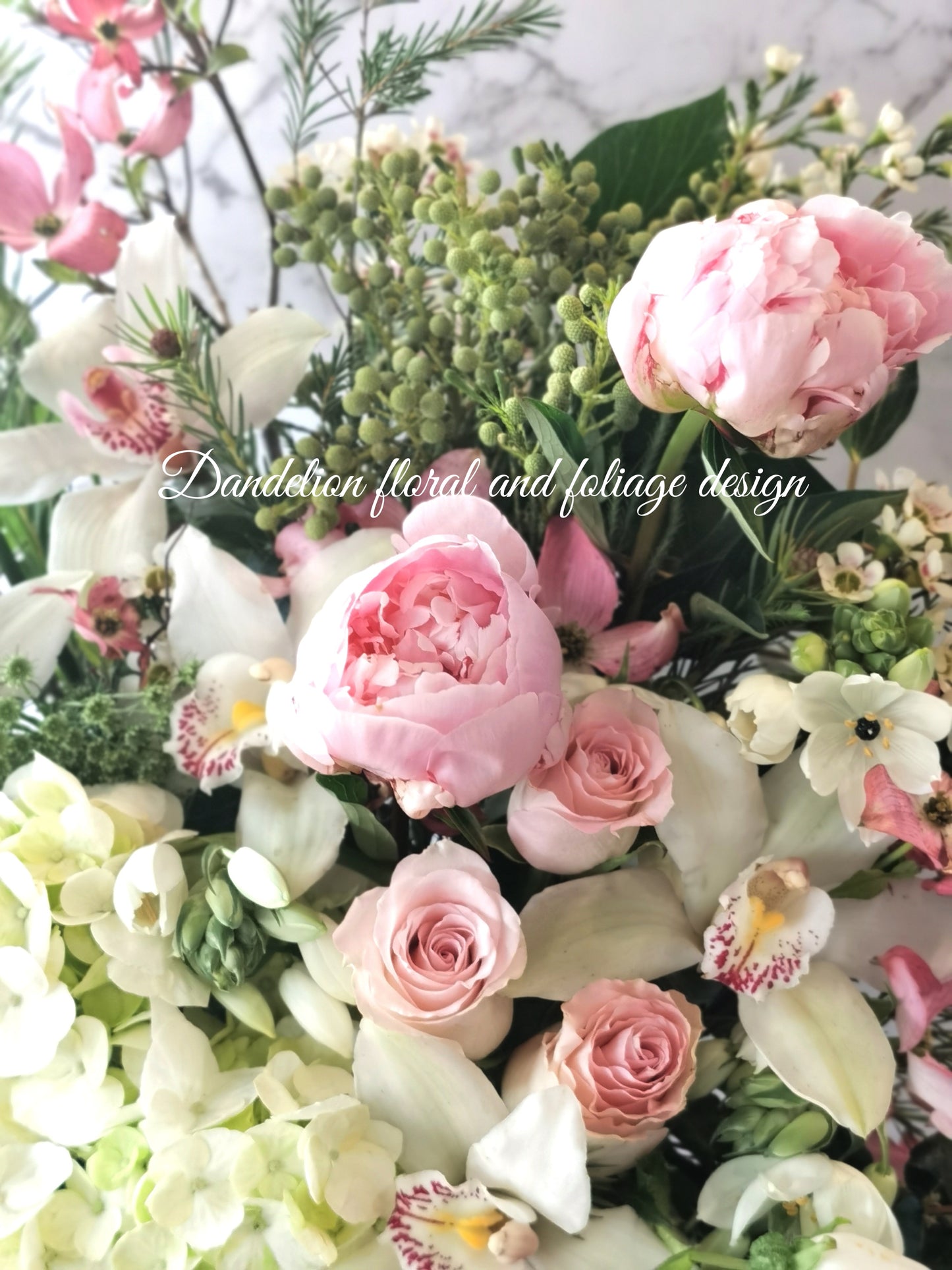 A beautiful assortment of Hydrangea, peony, Dogwood, Pink roses, Canterbury bell and etc. A great gift for her, anniversary, birthdays and etc.