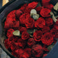 Roses only bouquet starting price includes 20 stems of premium 40cm red roses.
Available in 30, 40, 60…up to 100 stems. Pictured is 40 stem bouquet.