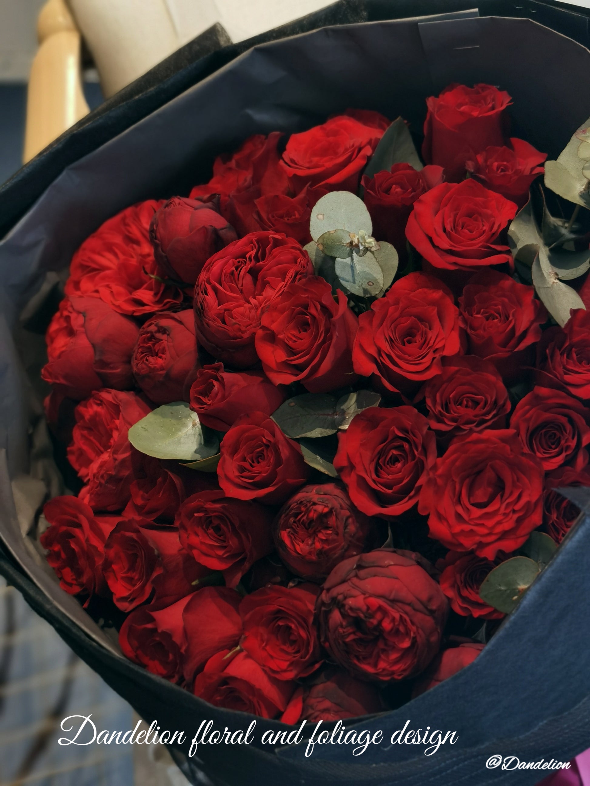 Roses only bouquet starting price includes 20 stems of premium 40cm red roses.
Available in 30, 40, 60…up to 100 stems. Pictured is 40 stem bouquet.