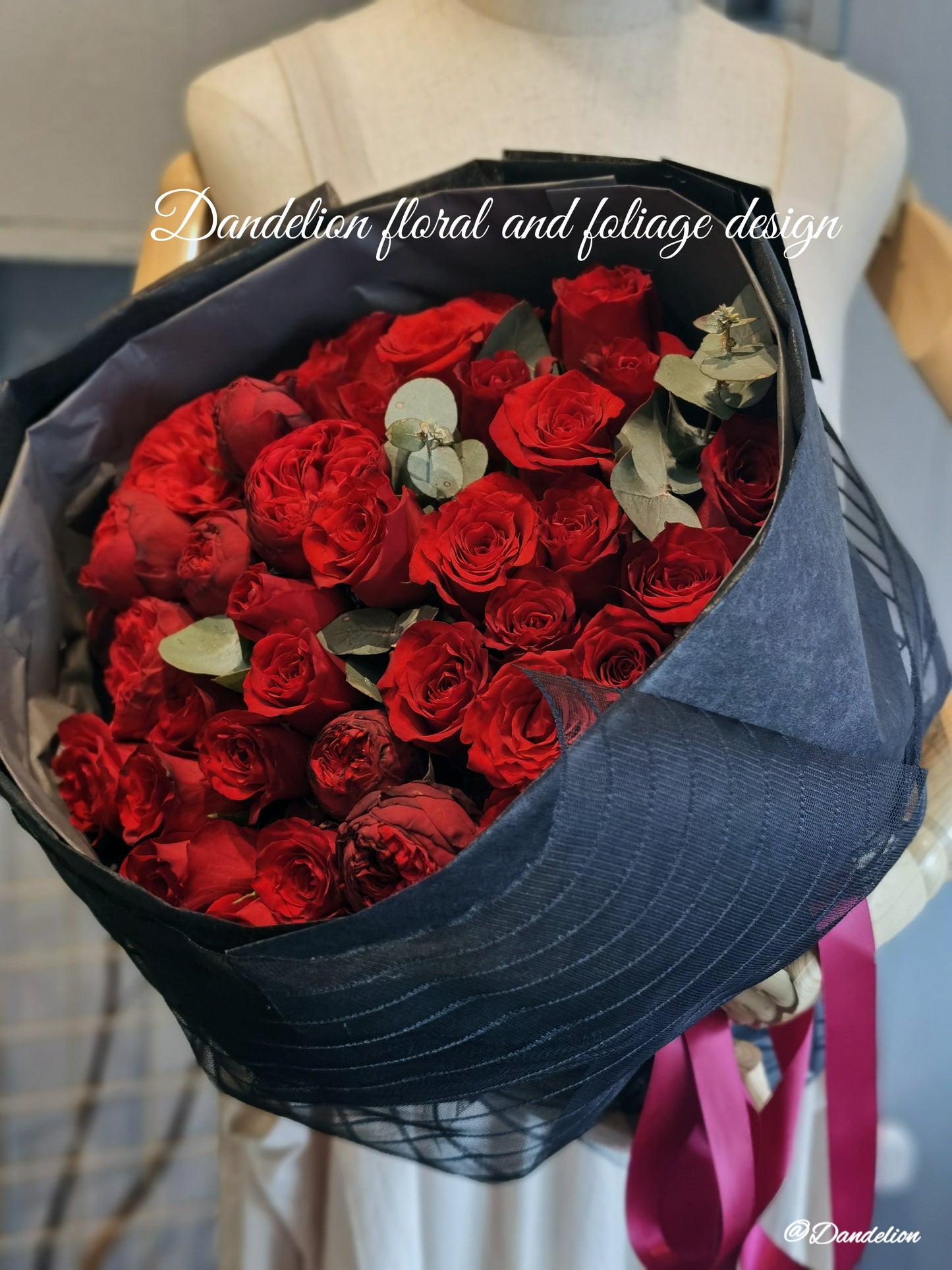Roses only bouquet starting price includes 20 stems of premium 40cm red roses.
Available in 30, 40, 60…up to 100 stems. Pictured is 40 stem bouquet.