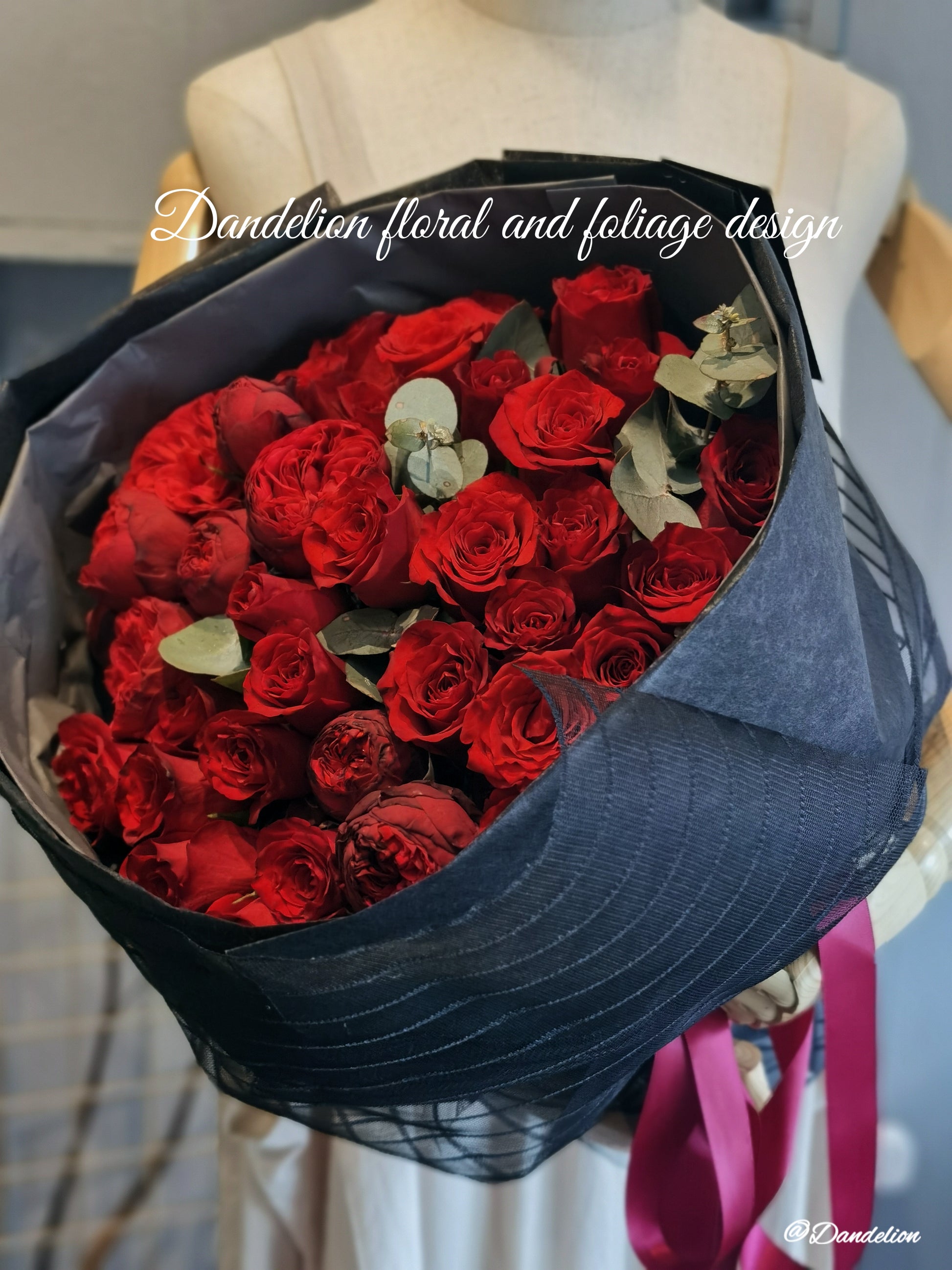 Roses only bouquet starting price includes 20 stems of premium 40cm red roses.
Available in 30, 40, 60…up to 100 stems. Pictured is 40 stem bouquet.