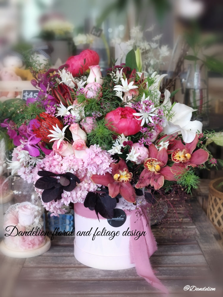 A floral arrangement featuring a variety of flowers including pink roses, orchids, and other plants in a hat box. Whether you're celebrating birthdays, anniversaries, weddings, or extending sympathy and support, our flowers and gifts are crafted to resonate with the unique emotions of each moment. Our commitment to quality ensures that every floral arrangement and gift is an embodiment of your care and consideration, destined to leave an impression.