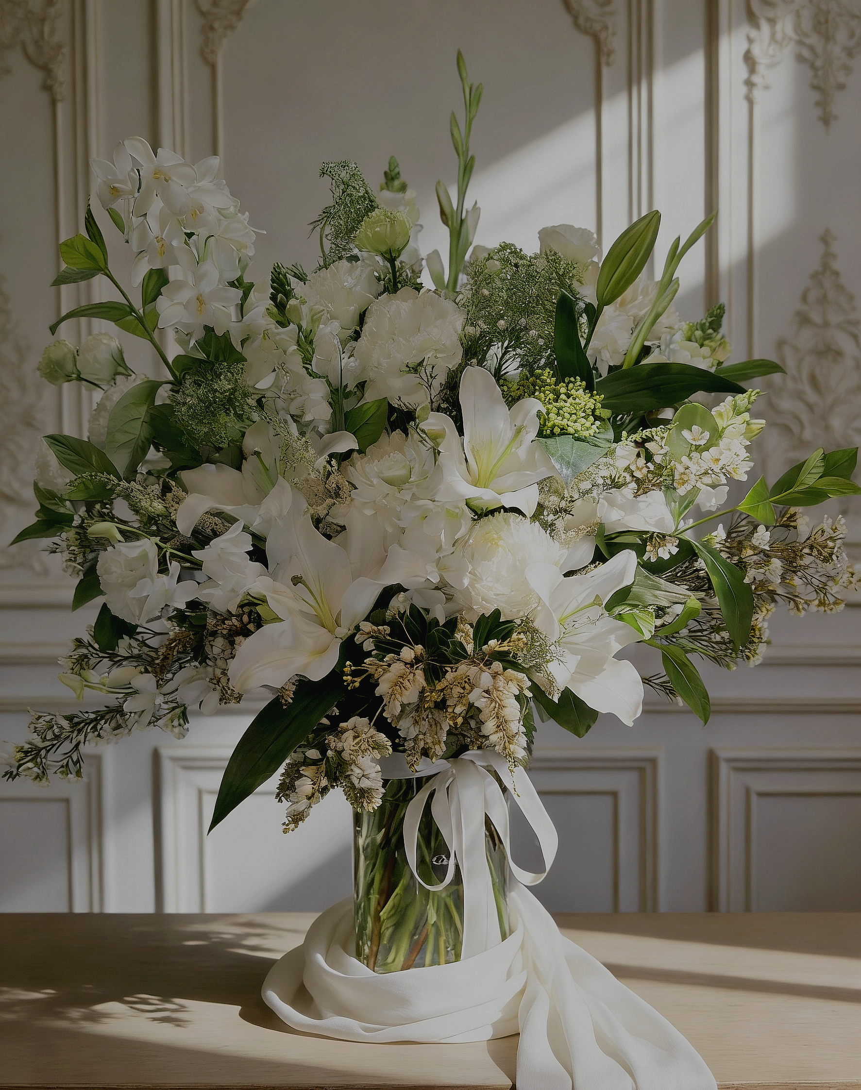 Lush stands tall filled with white Oriental Lilies, Lisianthus, Gladioli and Viburnum leaves. It is 1100mm tall, 500mm wide.
