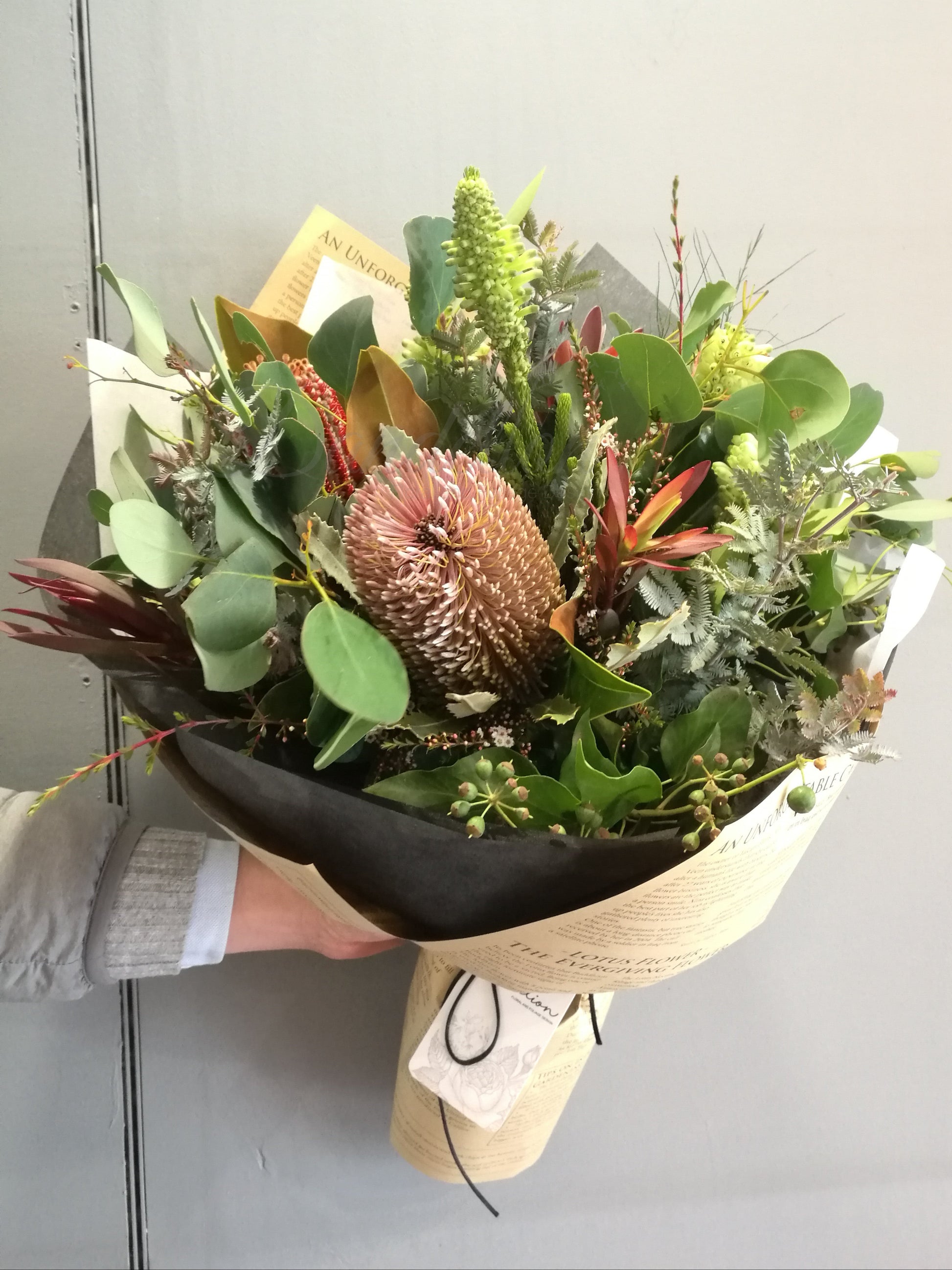 Bespoke bouquet of Australian native wildflowers, proteas, and banksias for local Melbourne delivery