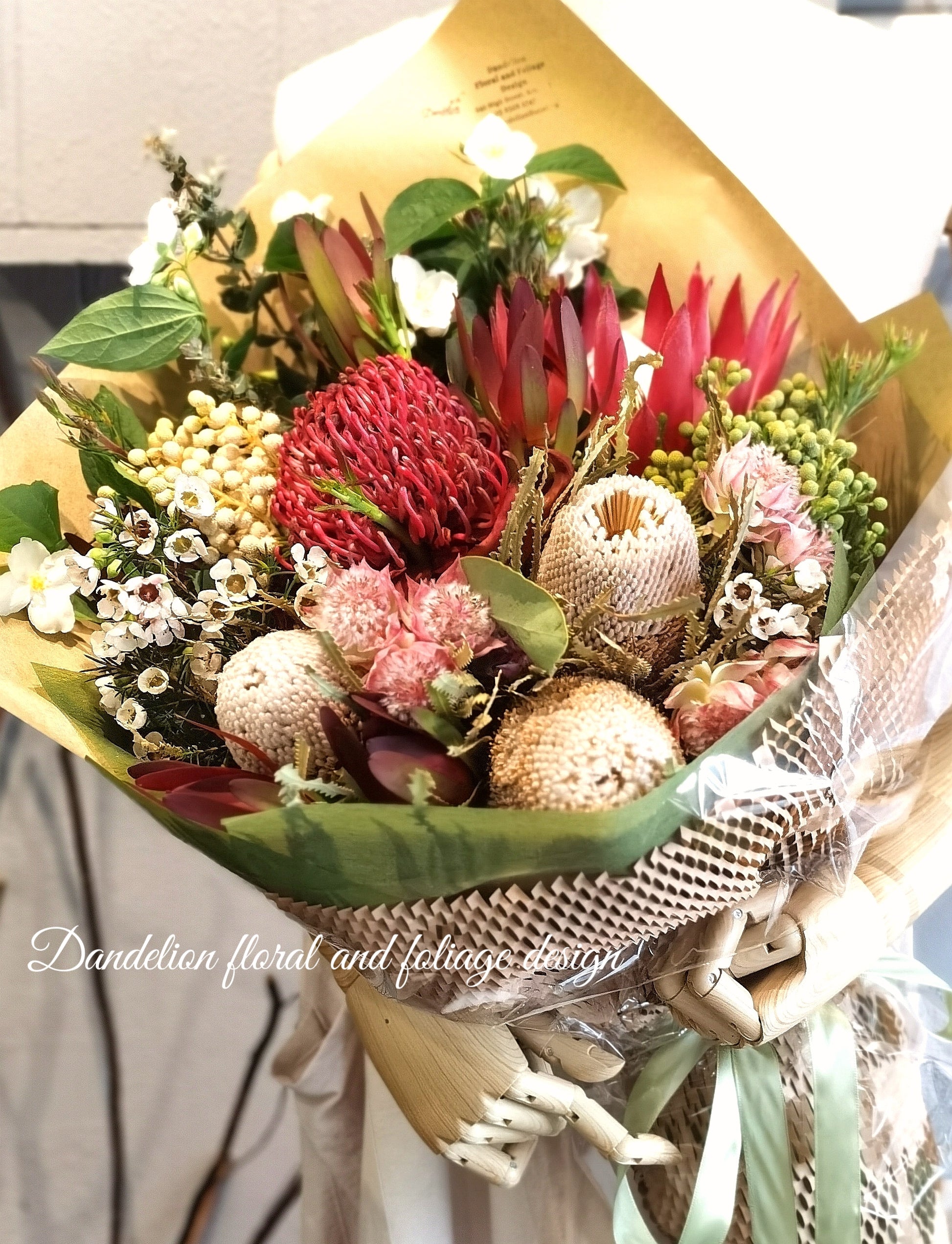 Bespoke bouquet of Australian native wildflowers, proteas, and banksias for local Melbourne delivery
