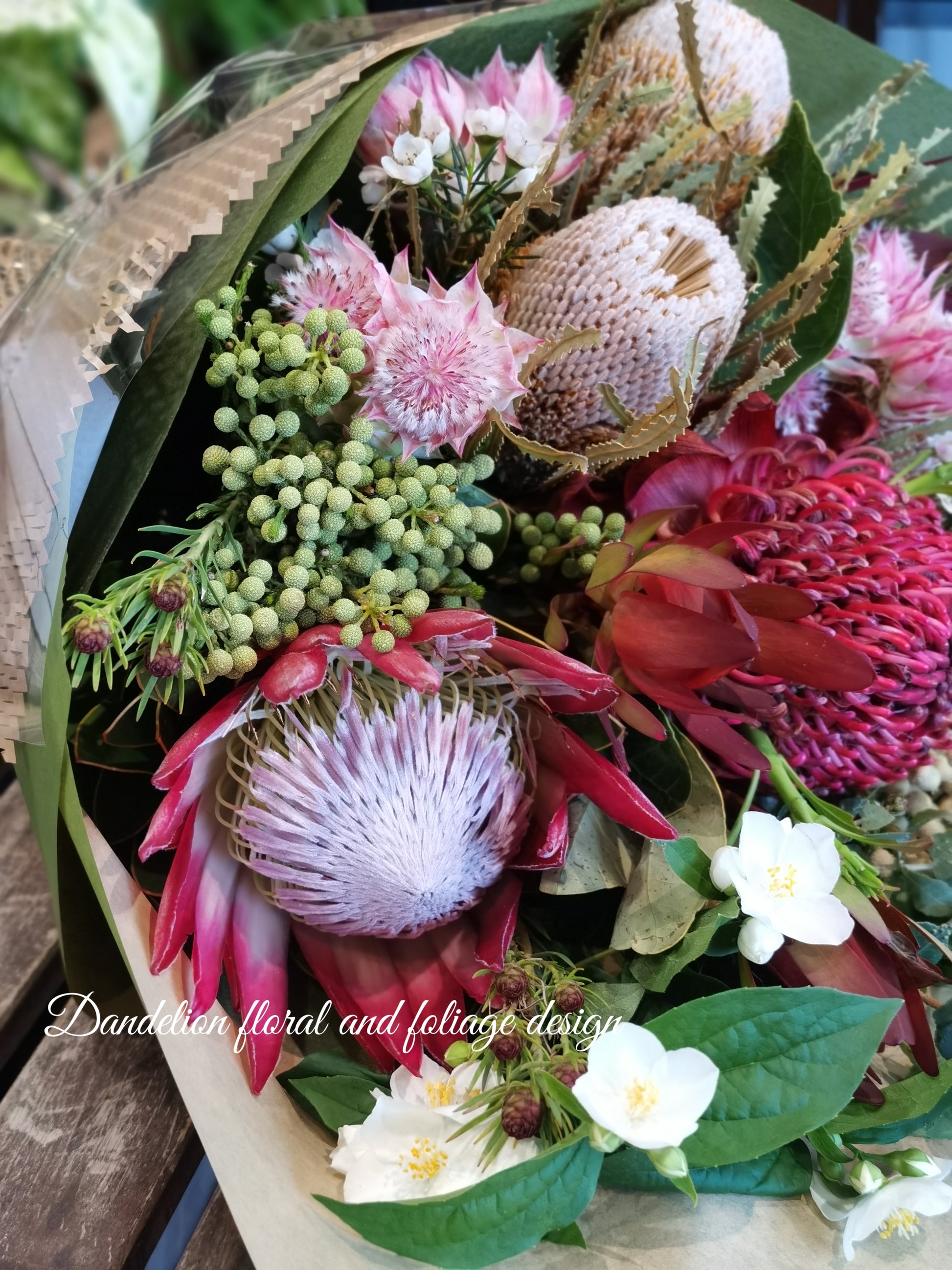 Bespoke bouquet of Australian native wildflowers, proteas, and banksias for local Melbourne delivery