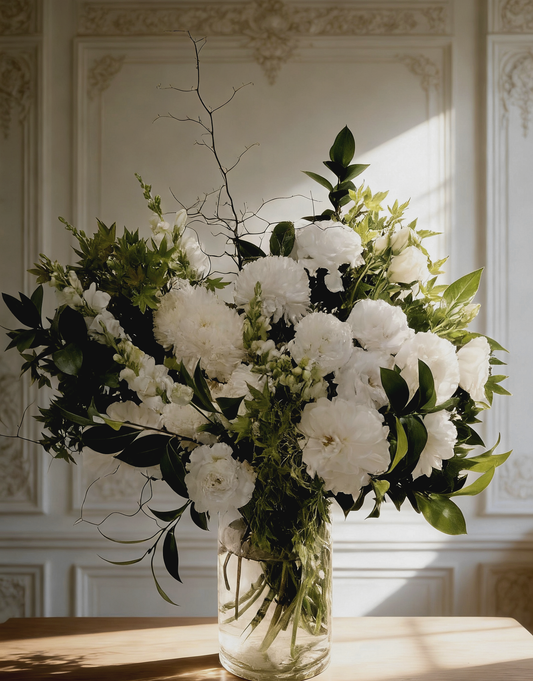 Vibrant white chrysanthemums, Dahlia, and Lisianthus, displayed amongst lush green foliage in vase arrangement. Standing tall in a clear glass vase, this flower arrangement will be loved for its modern presentation and stylish appearance. Surprise a loved one with this flower delivery( Vase is included).