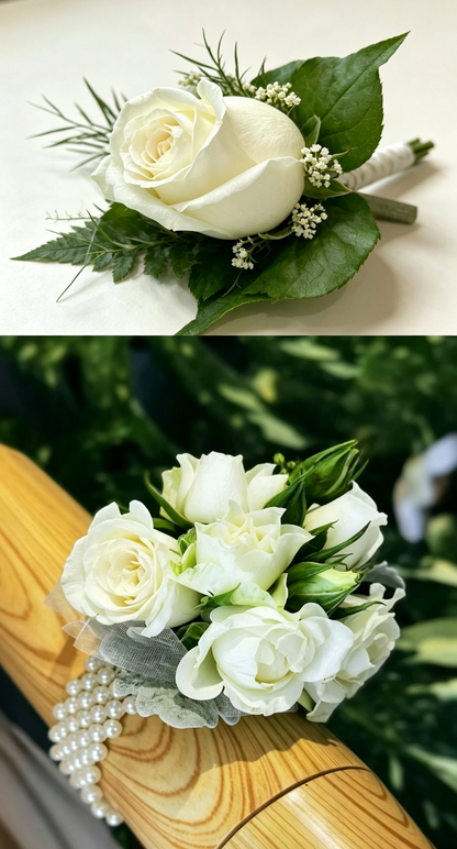 A floral boutonnier and matching wrist corsage in white roses with green leaves, White wrist corsage and buttonhole bundle for weddings and formal events