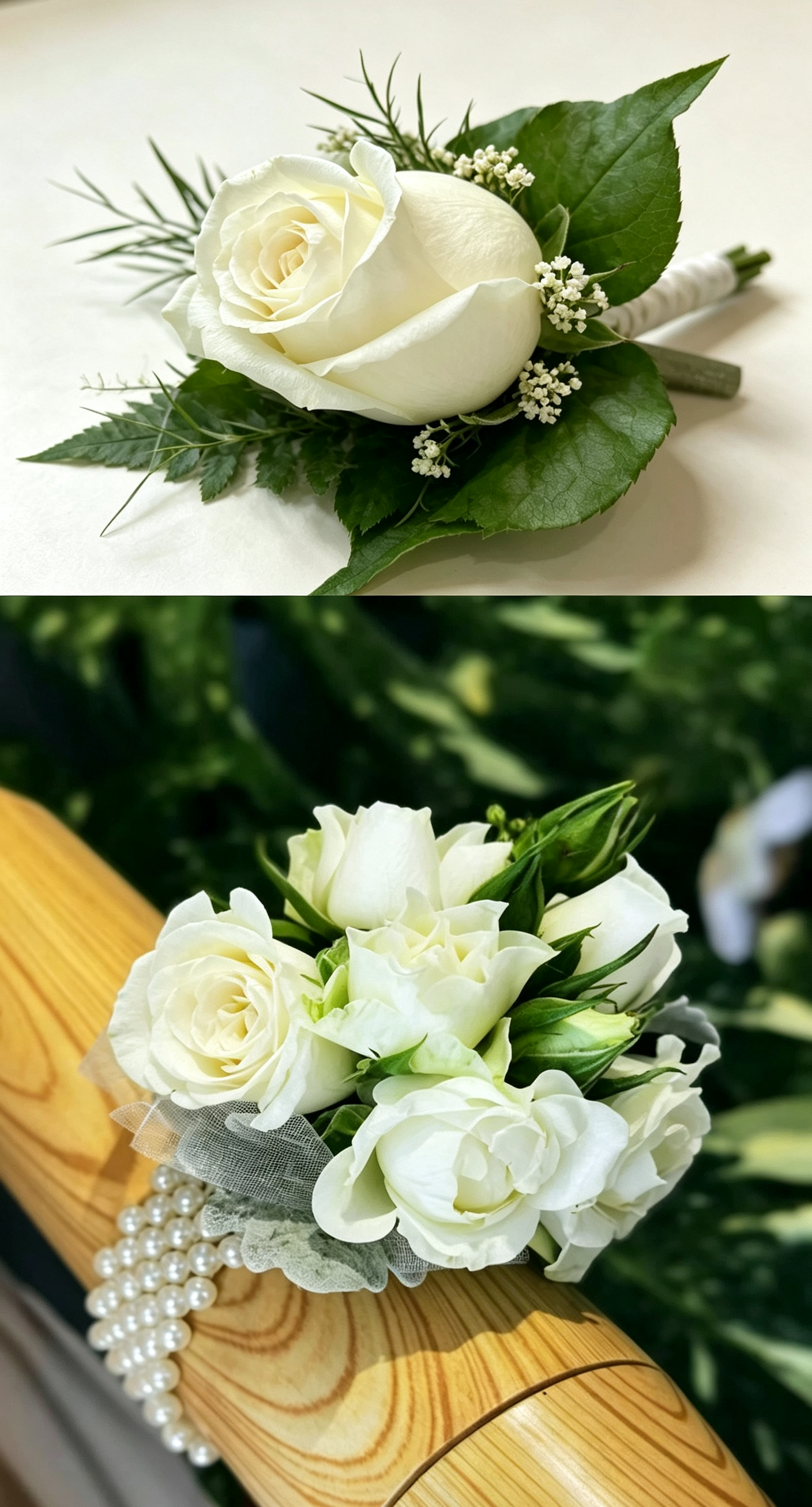 White wrist corsage and buttonhole bundle for weddings and formal events