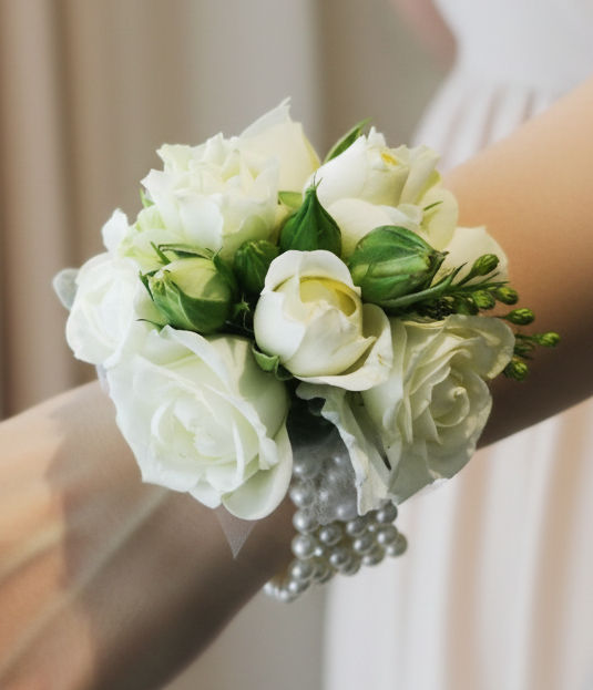A wrist corsage featuring white flowers and green leaves for school formal, attached to a clear band.