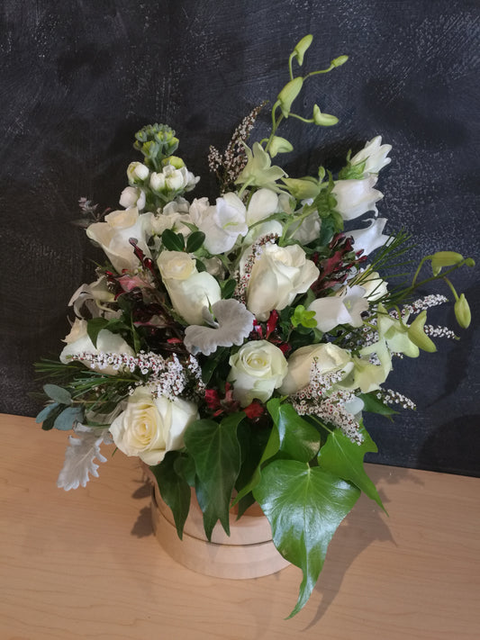White and Green flowers in Hat Box