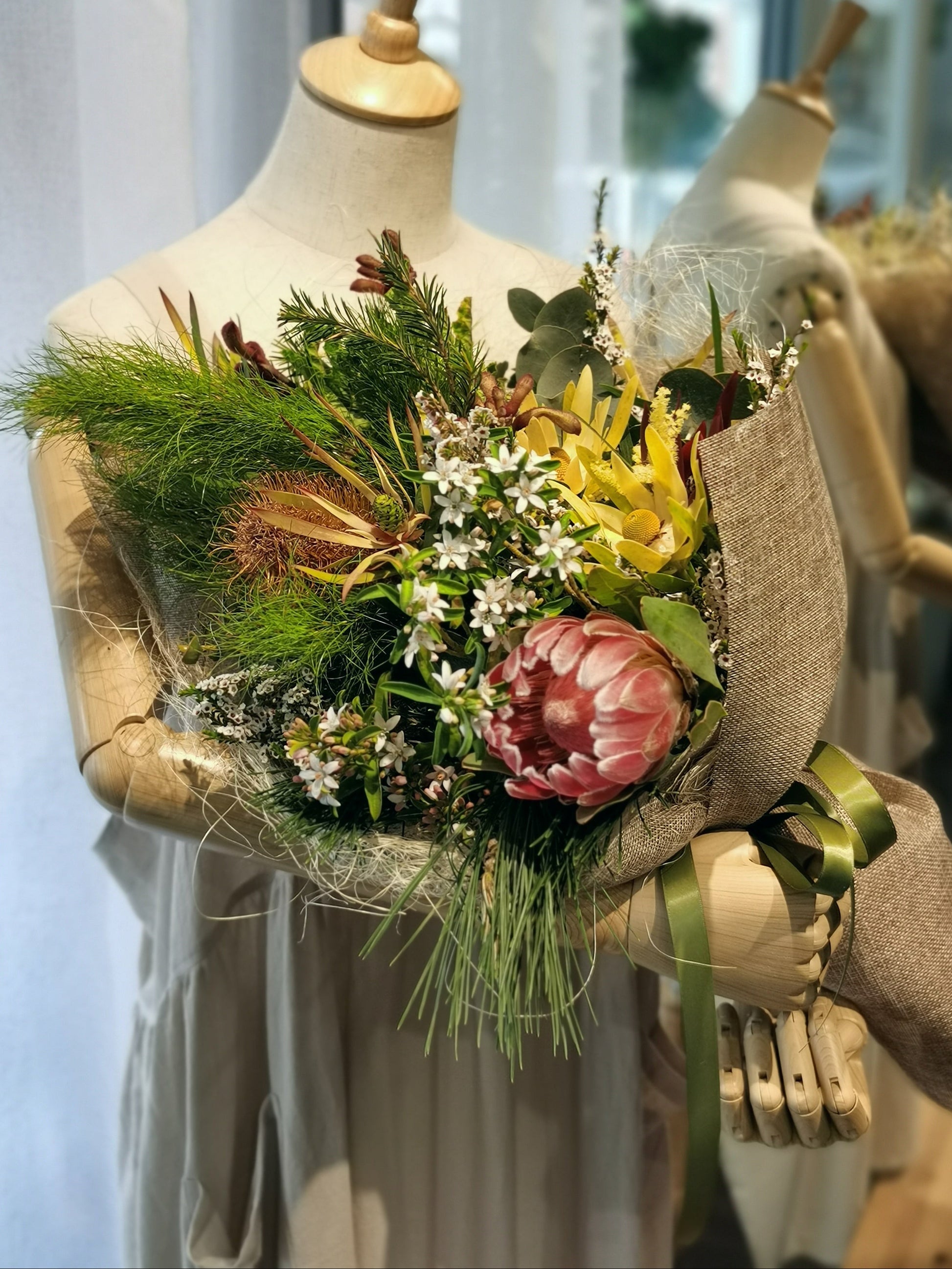 Bespoke bouquet of Australian native wildflowers, proteas, and banksias for local Melbourne delivery